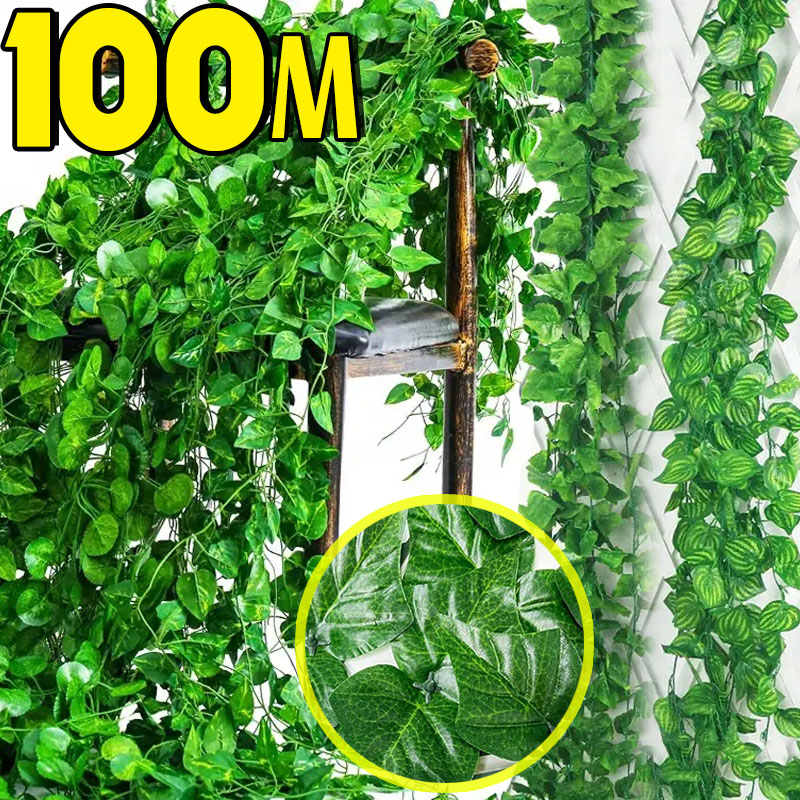 Rattan Plant Basket - 100/2M Artificial Green Ivy Vine Garland